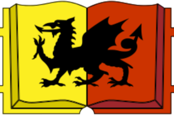 a book displayed, Or and gules, a dragon passant sable