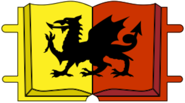 a book displayed, Or and gules, a dragon passant sable
