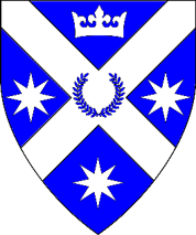 Azure, upon a saltire between three mullets of eight points and in chief a crown argent a laurel wreath azure.