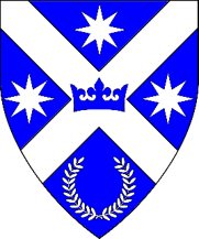 Azure, upon a saltire between three mullets of eight points and a laurel wreath in base argent a crown azure.